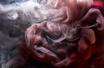 Black and red ink background, colorful fog, abstract swirling ocean, acrylic paint pigment underwater, white smoke