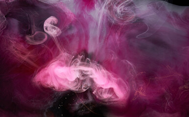 Pink smoke on black ink background, colorful fog, abstract swirling touch ocean sea, acrylic paint pigment underwater