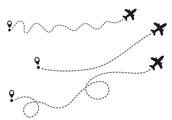 Airplane routes on white background. Romantic travel concept. Airplane line path, vector icon of air plane flight route on white background. Vector illustration.