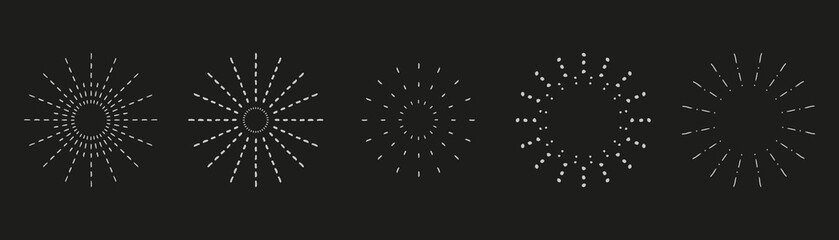 Sunburst set. Vintage sunrise collection. Vector light rays elements on black background. Vector Illustration 