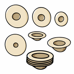 Doodle hand-drawn plates set. Beige stack of plates isolated on white background. Cozy kitchen utensils, cute kitchenware, dishes for food, dinner, serving, cooking. Vector cafe, a cozy home Symbol