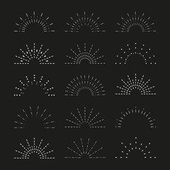 Sunburst set. Vintage sunrise collection. Vector light rays elements on black background. Vector Illustration 