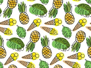 Tropical Seamless pattern with Ice Cream, pineapple, leaves. Tropical Ice Cream repeated Vector illustration. Yellow green Food template for cafe menu, wallpaper, scrapbooking, wrapping paper.