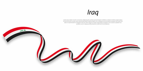 Waving ribbon or banner with flag of Iraq.
