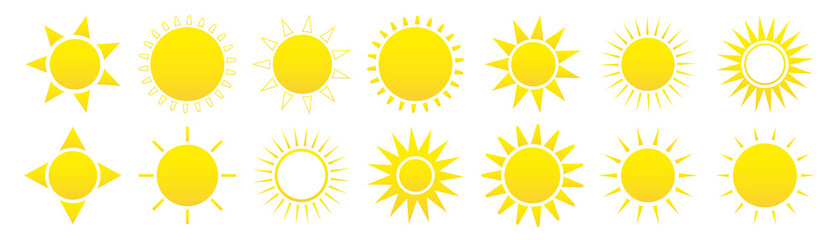 Sun icon set. Weather sun icon. Yellow sun star. Summer elements for design. Vector illustration