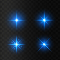 Set of glowing light stars with sparkles. Transparent shining sun, star explodes and bright flash. Blue bright illustration starburst.