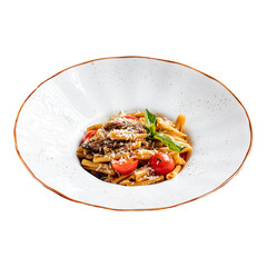 Isolated pasta with beef and tomatoes on white background