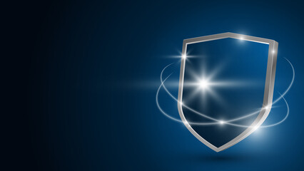 Protective shield on a dark background. Shine, glow. Security. 3d isolated vector