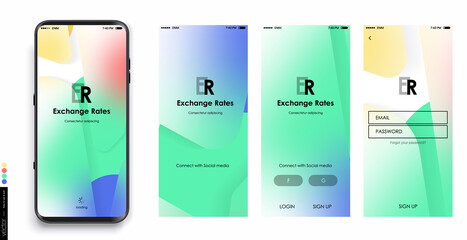Design of a Mobile Application and Site, UI. Set of GUI Screens with Login and Password input, showing the Card, balance and payments interface. Vector Mockup © GraphicPapa