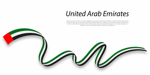 Waving ribbon or banner with flag of United Arab Emirates.