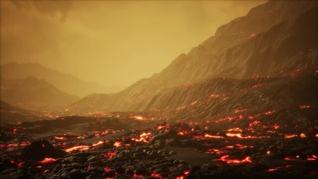 Active volcano eruption and lava flow in volcano