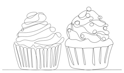 cakes drawing in one continuous line, isolated, vector