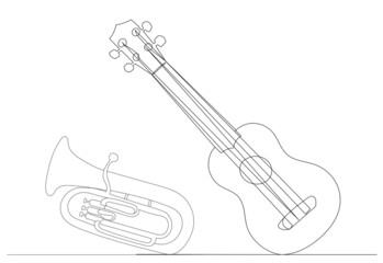Obraz premium musical instruments one continuous line drawing, isolated, vector