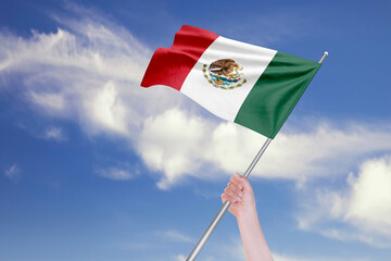 Female Hand is Waving Mexican Flag Against Blue Sky with Clouds