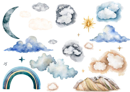 Watercolor set of clouds isolated on white background. celestial bodies, sun, stars, rainbow, mountains in pastel colors in vintage style