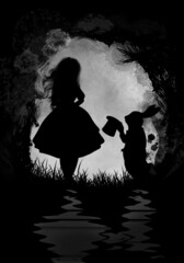 Alice and White Rabbit. Grunge silhouette art - obrazy, fototapety, plakaty