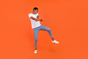 Full size photo of energetic stylish trendy androgyne lady dance hip hop isolated bright color background