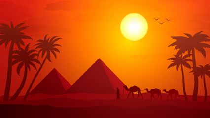 Sunset in the desert with the pyramids in background. Vector landscape. Man leading caravan of camels. Groups of palm trees along the edges. Sun leans towards the horizon.