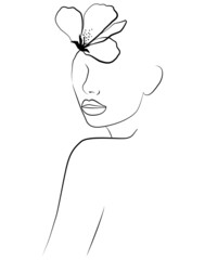 Portrait. A woman's face and colored spots. A continuous line of a portrait of a girl. Fashion concept, linear female print.