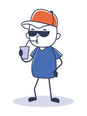 a guy with dark glasses and a red cap drinks from a straw. healthy eating