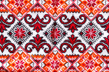 Embroidered ukrainian towel by cross-stitch pattern, ethnic ornament. Ukrainian folk embroidery
