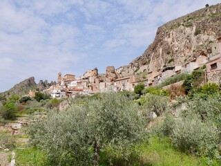 Panoramic view of Ayna, seen from terraced gardens in Mundo river valley. Albacete, Castile La Mancha, Spain.