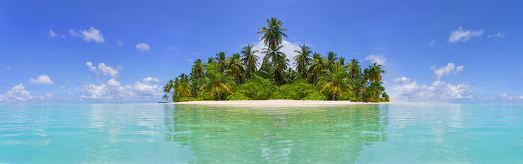 Fototapeta Beach with palm trees and crystal clear water. Idyllic tropical island in summer. obraz