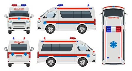 Rollo Ambulance car vector template with simple colors without gradients and effects. View from side, front, back, and top © Yuri Schmidt