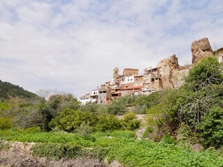 Fototapeta na wymiar Panoramic view of Ayna, seen from terraced gardens in Mundo river valley. Albacete, Castile La Mancha, Spain.
