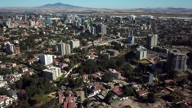 Beautiful sunny day in Addis Ababa, largest Ethiopian city. Birds eye view of business and commercial district, cityscape,