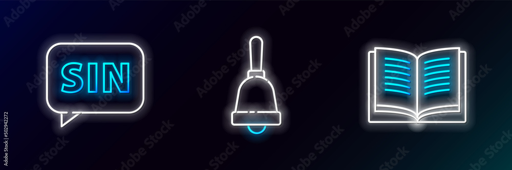 Poster set line open book, mathematics function sine and ringing bell icon. glowing neon. vector