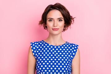 Fototapeta premium Photo of adorable young female in dotted blouse enjoy spring vacation holidays isolated on pink color background