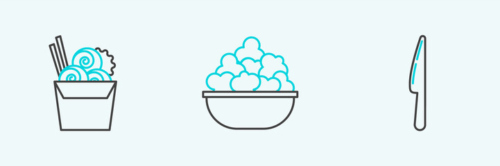 Set line Knife, Asian noodles in paper box and chopsticks and Popcorn bowl icon. Vector