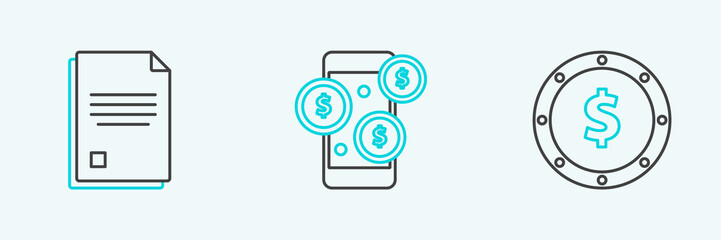 Set line Coin money with dollar symbol, File document and Smartphone icon. Vector