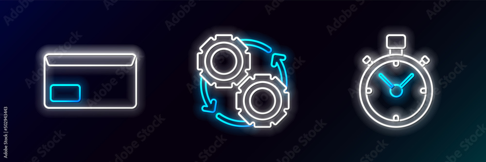 Poster set line stopwatch, envelope and gear and arrows as workflow process concept icon. glowing neon. vec