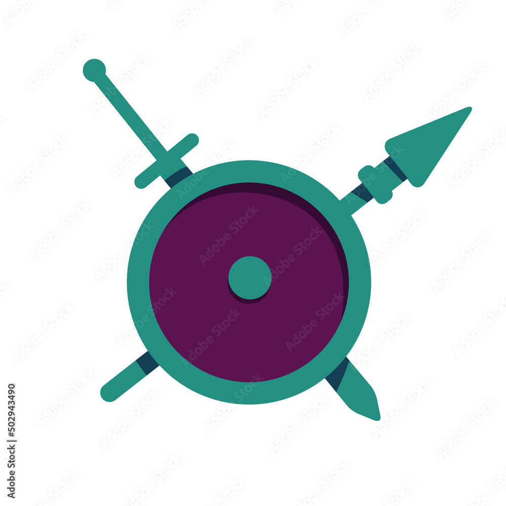 Poster medieval shield and sword semi flat color vector object. full sized item on white. knight weapons on