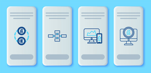 Set line Business hierarchy organogram chart infographics, Financial on the computer monitor and mobile phone, Money exchange and Computer with pound sterling symbol icon. Vector