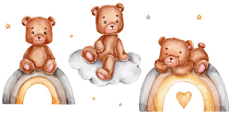 Set with cute fluffy teddy bears, rainbows, cloud and stars; watercolor hand drawn illustration; with white isolated background - obrazy, fototapety, plakaty