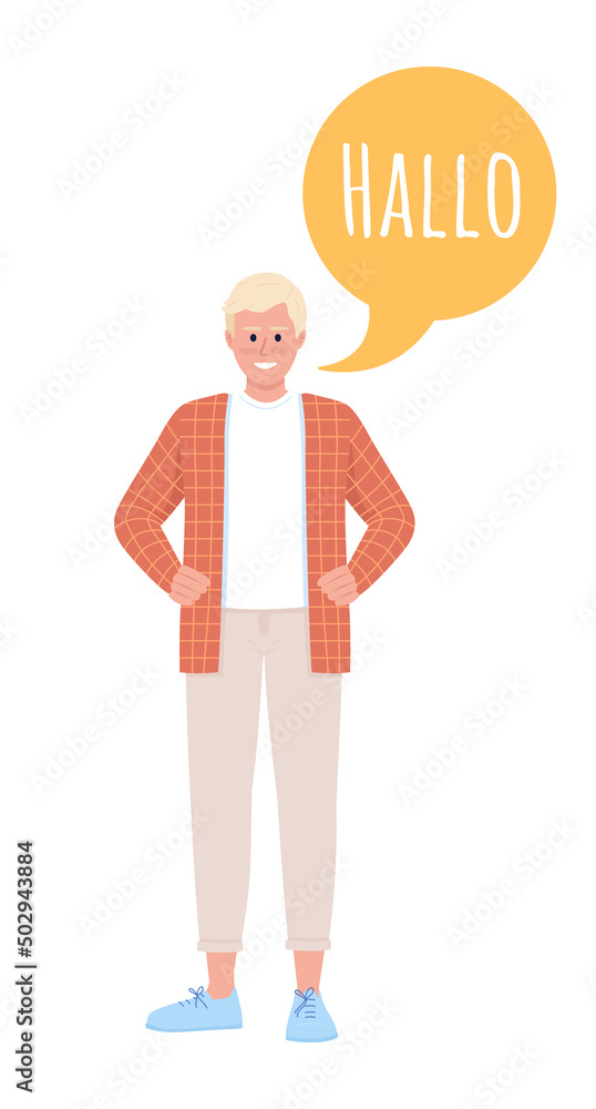 Poster man speaking german language semi flat color vector character with speech bubble. standing figure. f