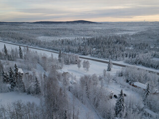 drone shot of snowy scene in winter