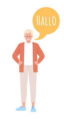 Man speaking german language semi flat color vector character with speech bubble. Standing figure. Full body person on white. Simple cartoon style illustration for web graphic design and animation