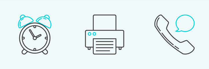 Set line Telephone handset and speech bubble chat, Alarm clock and Printer icon. Vector