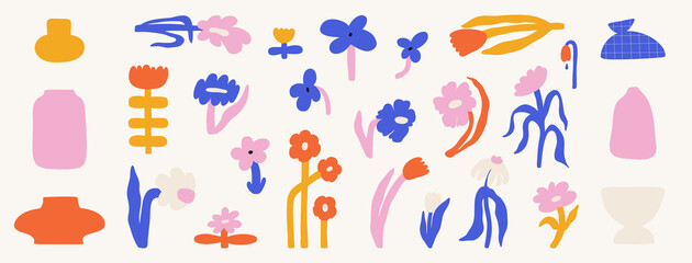 Large set of abstract bold flowers and vases. Floral spring-summer collection. Vector illustration of isolated flowers on a white background. Simple natural elements. Various botanical plants