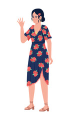 Beautiful woman waving hand semi flat color vector character. Standing figure. Full body person on white. Greeting simple cartoon style illustration for web graphic design and animation