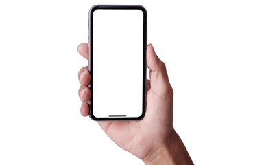 Hand holding Phone the black smartphone with blank screen for Infographic Global Business web site design app for iphone and advertisnment