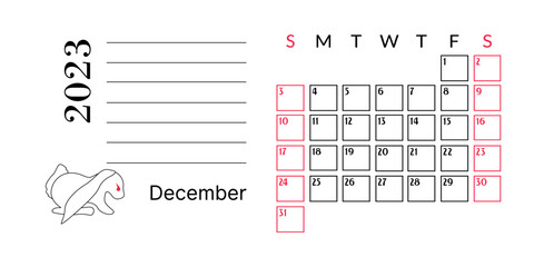  Monthly calendar for the 2023 year. The week starts on Sunday. December. monthly planner template