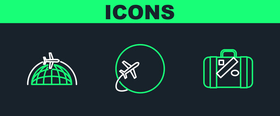Set line Suitcase for travel and stickers, Globe with flying plane and icon. Vector