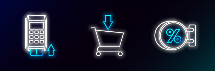 Set line Signboard hanging with an inscription discount percent, Pos terminal inserted credit card and Add to Shopping cart icon. Glowing neon. Vector - obrazy, fototapety, plakaty