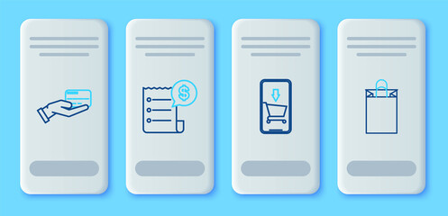Set line Paper check and financial check, Mobile phone shopping cart, Human hand holding with credit card and bag icon. Vector
