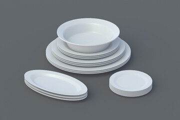 Set of ceramic plates on gray background. 3d render